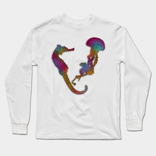 Glitter Sea Friends, Jellyfish and Seahorse Rainbow Graphic Long Sleeve T-Shirt